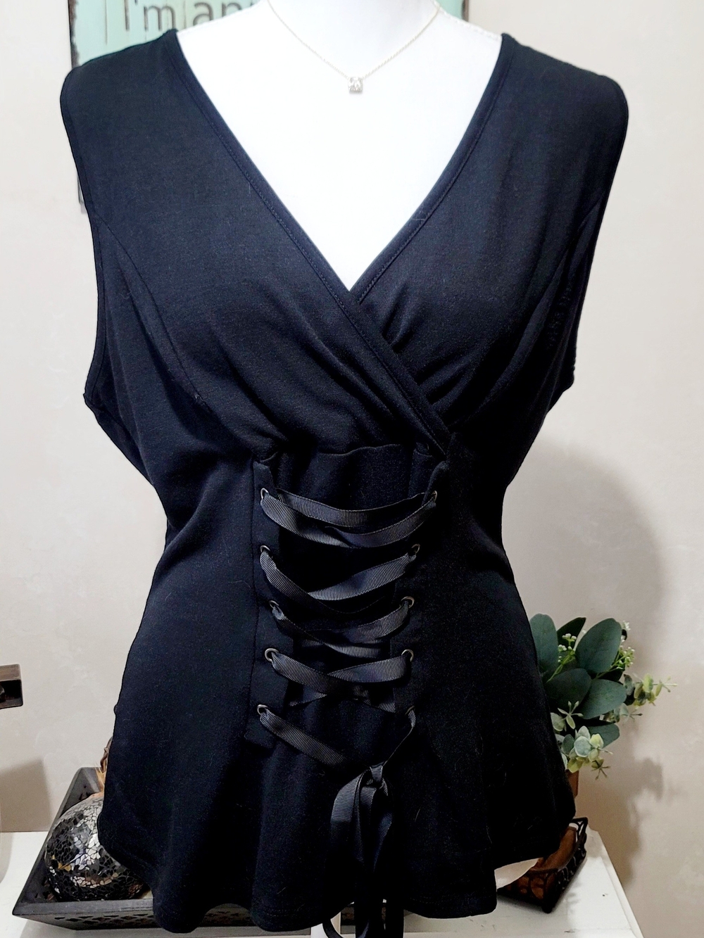 VENUS Black Asymmetrical Lace-Up Corset V-Neck Top